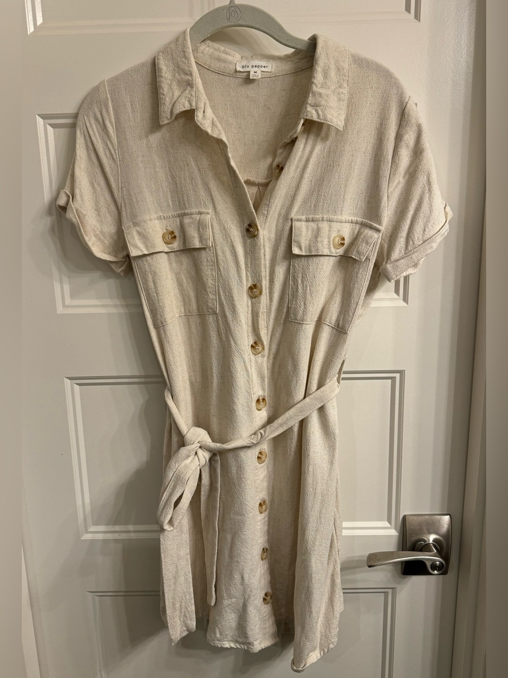 Blu Pepper Linen-Blend Cream Button Front Dress- Medium
